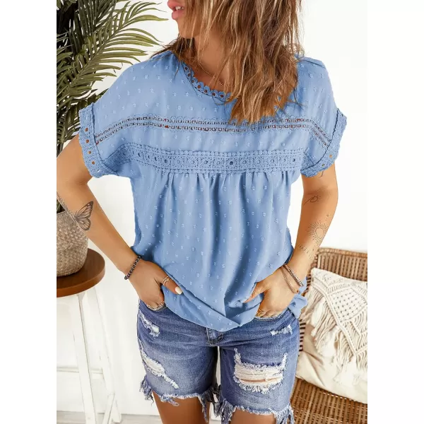 Dokotoo Womens Summer Tops Crewneck Lace Crochet Short Sleeve Shirts Casual Chiffon Blouses