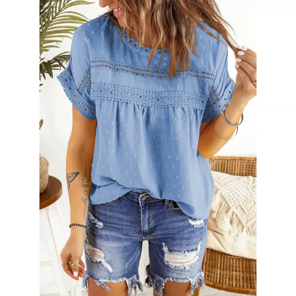 Dokotoo Womens Summer Tops Crewneck Lace Crochet Short Sleeve Shirts Casual Chiffon Blouses