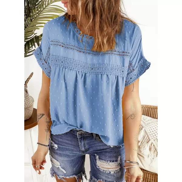 Dokotoo Womens Summer Tops Crewneck Lace Crochet Short Sleeve Shirts Casual Chiffon Blouses