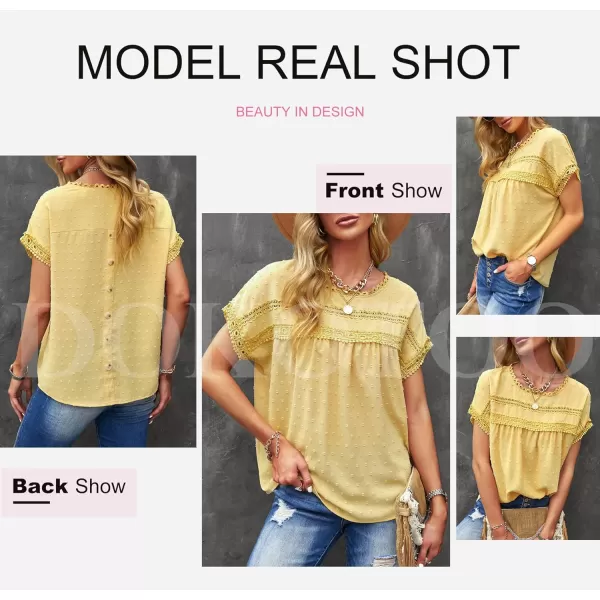 Dokotoo Womens Summer Tops Crewneck Lace Crochet Short Sleeve Shirts Casual Chiffon Blouses