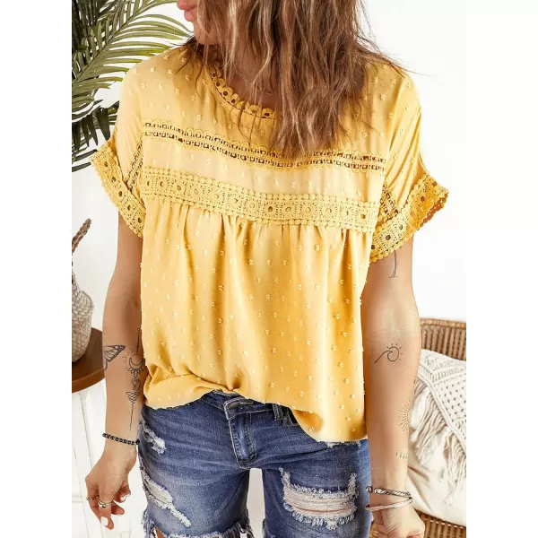 Dokotoo Womens Summer Tops Crewneck Lace Crochet Short Sleeve Shirts Casual Chiffon Blouses
