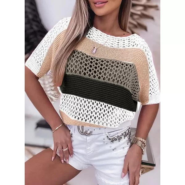 Dokotoo Womens Sweaters Hollow Out Crewneck Half Sleeve Beach Casual Pullover Striped Crochet Y2K Tops