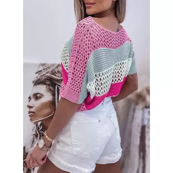 Dokotoo Womens Sweaters Hollow Out Crewneck Half Sleeve Beach Casual Pullover Striped Crochet Y2K Tops