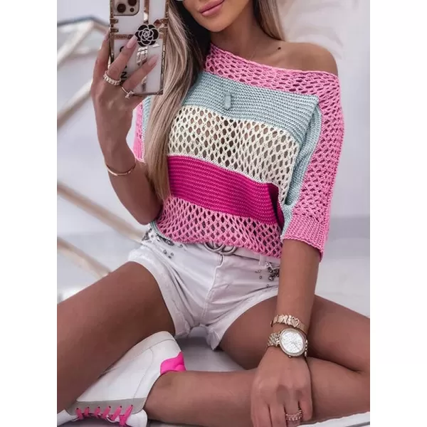 Dokotoo Womens Sweaters Hollow Out Crewneck Half Sleeve Beach Casual Pullover Striped Crochet Y2K Tops