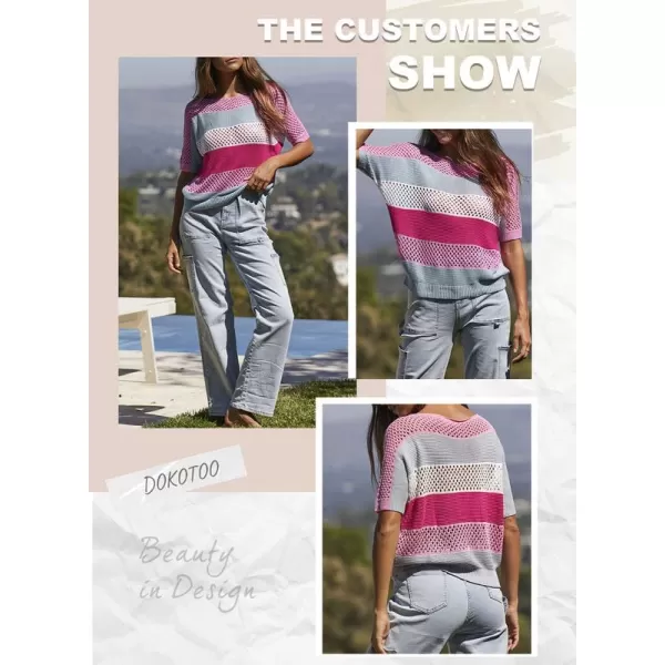 Dokotoo Womens Sweaters Hollow Out Crewneck Half Sleeve Beach Casual Pullover Striped Crochet Y2K Tops