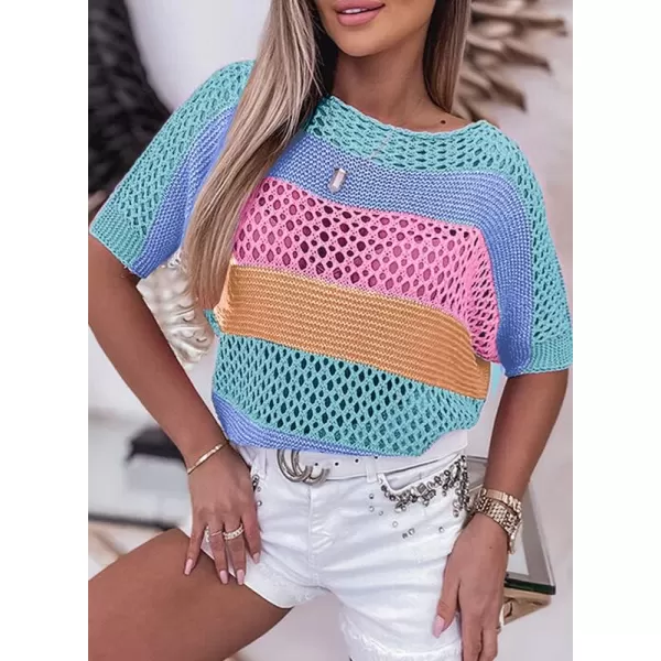 Dokotoo Womens Sweaters Hollow Out Crewneck Half Sleeve Beach Casual Pullover Striped Crochet Y2K Tops