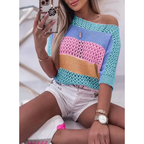 Dokotoo Womens Sweaters Hollow Out Crewneck Half Sleeve Beach Casual Pullover Striped Crochet Y2K Tops