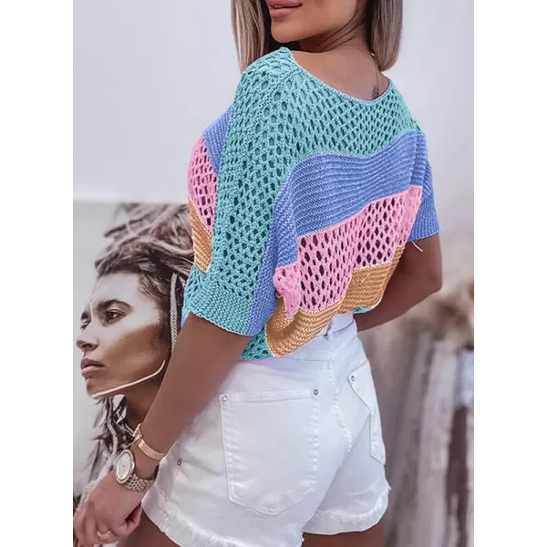 Dokotoo Womens Sweaters Hollow Out Crewneck Half Sleeve Beach Casual Pullover Striped Crochet Y2K Tops