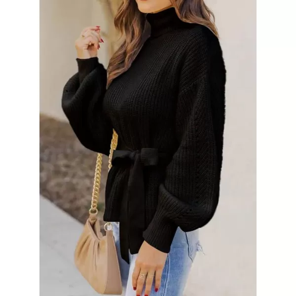 Dokotoo Women's Turtleneck Sweaters Long Sleeve Belted Waist Knitted Pullover Top
