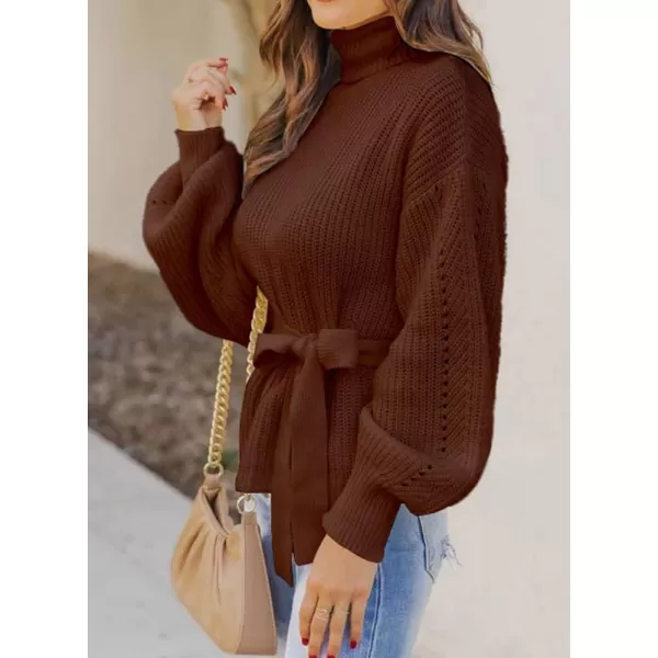 Dokotoo Women's Turtleneck Sweaters Long Sleeve Belted Waist Knitted Pullover Top