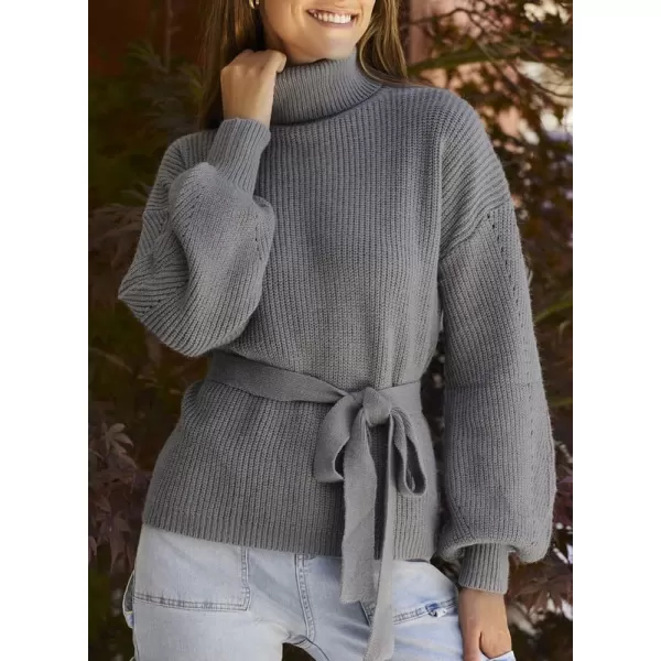 Dokotoo Women's Turtleneck Sweaters Long Sleeve Belted Waist Knitted Pullover Top