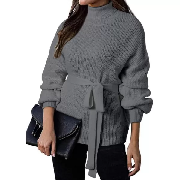 Dokotoo Women's Turtleneck Sweaters Long Sleeve Belted Waist Knitted Pullover Top