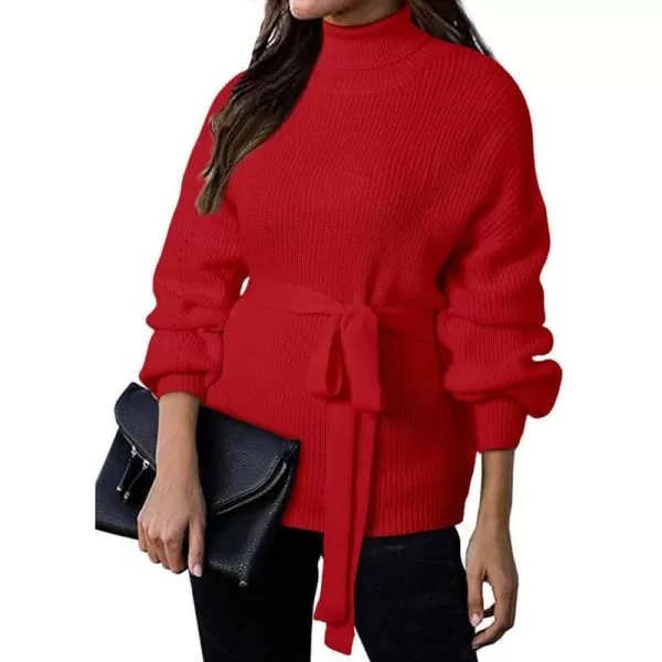 Dokotoo Women's Turtleneck Sweaters Long Sleeve Belted Waist Knitted Pullover Top