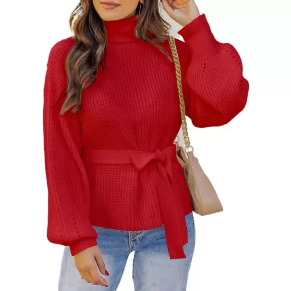 Dokotoo Women's Turtleneck Sweaters Long Sleeve Belted Waist Knitted Pullover Top