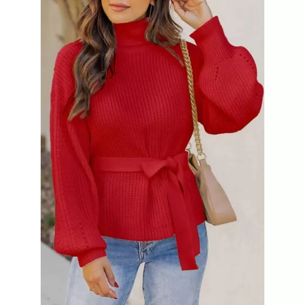 Dokotoo Women's Turtleneck Sweaters Long Sleeve Belted Waist Knitted Pullover Top