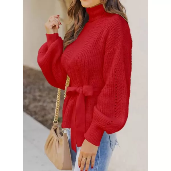Dokotoo Women's Turtleneck Sweaters Long Sleeve Belted Waist Knitted Pullover Top