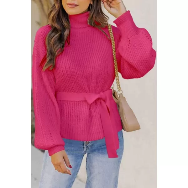 Dokotoo Women's Turtleneck Sweaters Long Sleeve Belted Waist Knitted Pullover Top