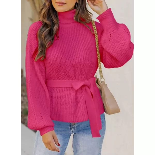 Dokotoo Women's Turtleneck Sweaters Long Sleeve Belted Waist Knitted Pullover Top