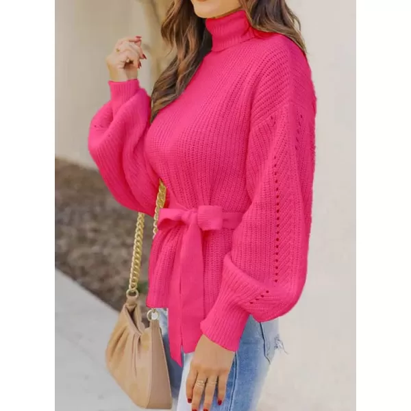 Dokotoo Women's Turtleneck Sweaters Long Sleeve Belted Waist Knitted Pullover Top