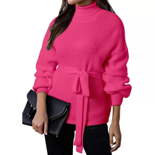 Dokotoo Women's Turtleneck Sweaters Long Sleeve Belted Waist Knitted Pullover Top