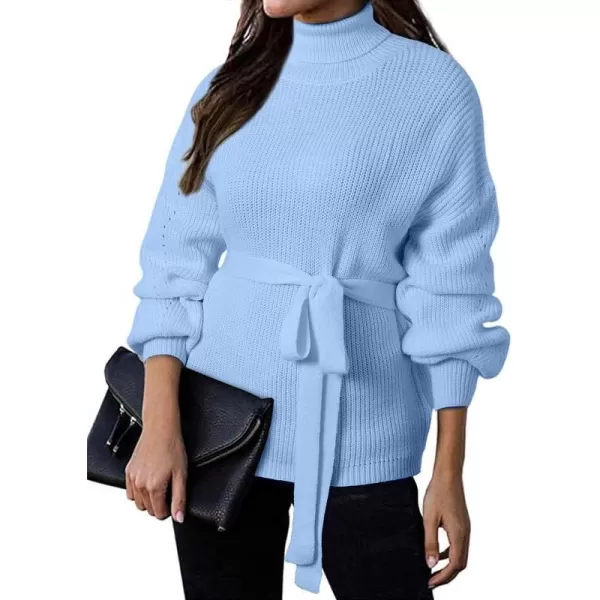 Dokotoo Women's Turtleneck Sweaters Long Sleeve Belted Waist Knitted Pullover Top