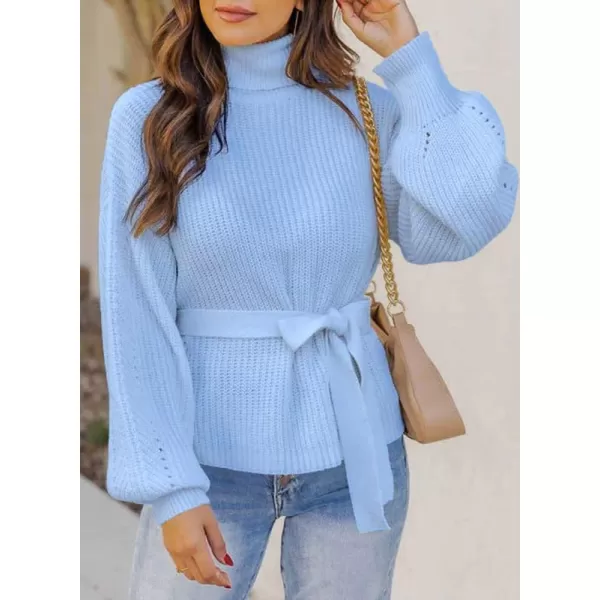 Dokotoo Women's Turtleneck Sweaters Long Sleeve Belted Waist Knitted Pullover Top