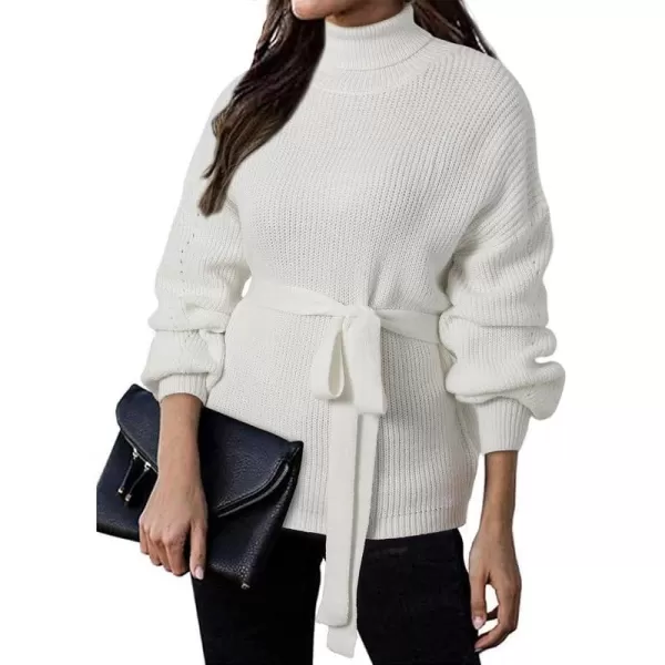 Dokotoo Women's Turtleneck Sweaters Long Sleeve Belted Waist Knitted Pullover Top