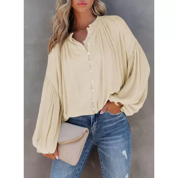 Dokotoo Womens V Neck Balloon Long Sleeve Shirts Button Down Shirt Blouses Tops