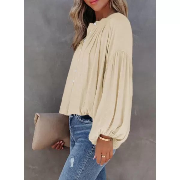 Dokotoo Womens V Neck Balloon Long Sleeve Shirts Button Down Shirt Blouses Tops