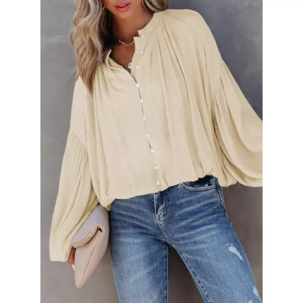 Dokotoo Womens V Neck Balloon Long Sleeve Shirts Button Down Shirt Blouses Tops