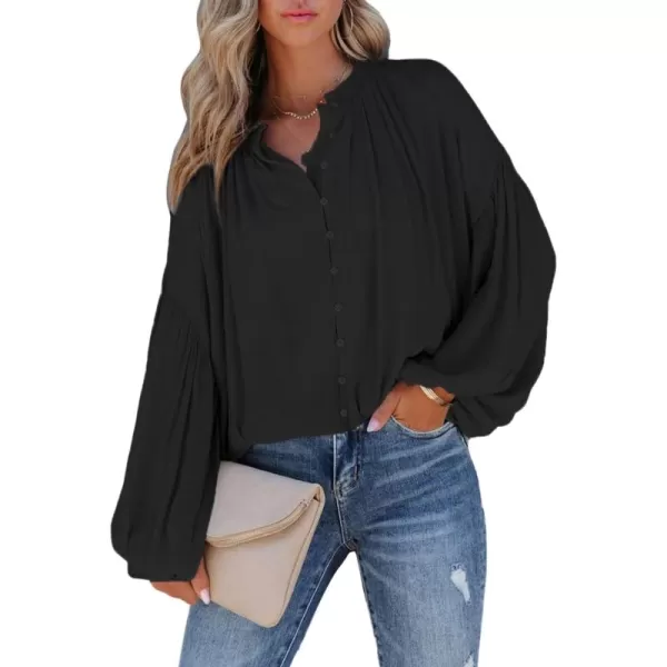 Dokotoo Womens V Neck Balloon Long Sleeve Shirts Button Down Shirt Blouses Tops
