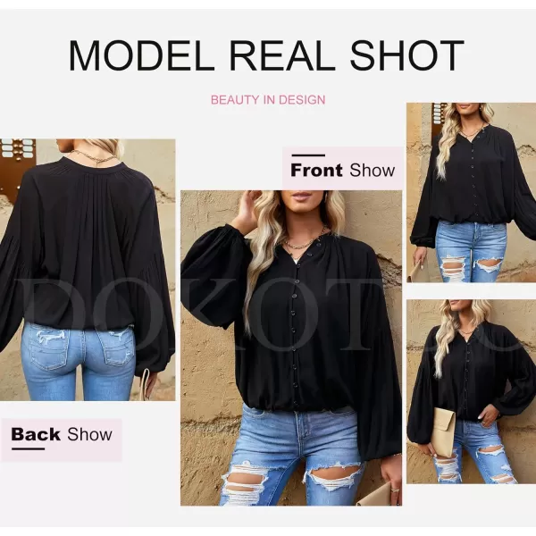 Dokotoo Womens V Neck Balloon Long Sleeve Shirts Button Down Shirt Blouses Tops