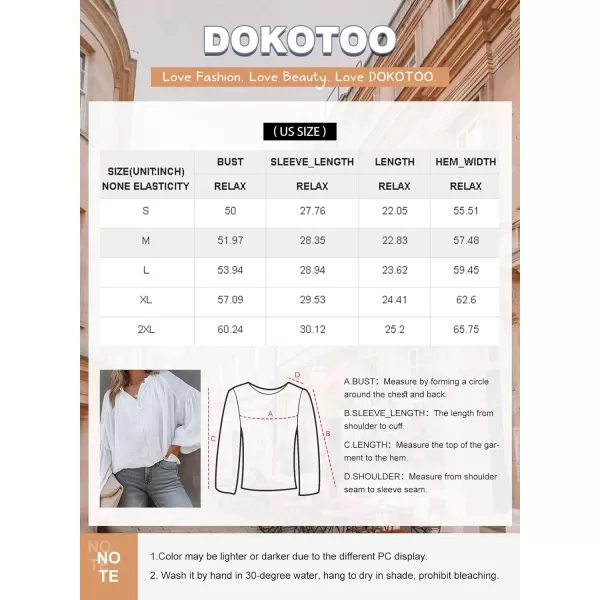 Dokotoo Womens V Neck Balloon Long Sleeve Shirts Button Down Shirt Blouses Tops