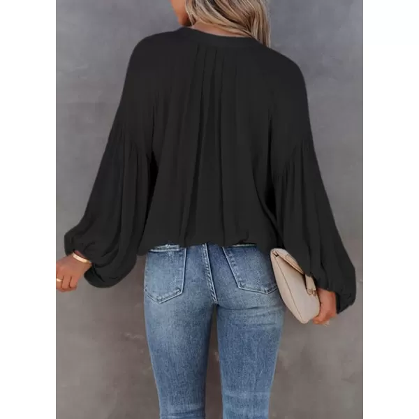 Dokotoo Womens V Neck Balloon Long Sleeve Shirts Button Down Shirt Blouses Tops
