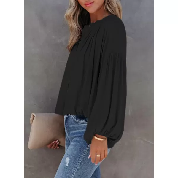 Dokotoo Womens V Neck Balloon Long Sleeve Shirts Button Down Shirt Blouses Tops