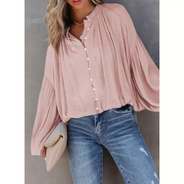 Dokotoo Womens V Neck Balloon Long Sleeve Shirts Button Down Shirt Blouses Tops