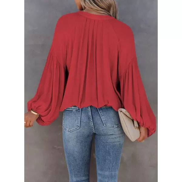 Dokotoo Womens V Neck Balloon Long Sleeve Shirts Button Down Shirt Blouses Tops