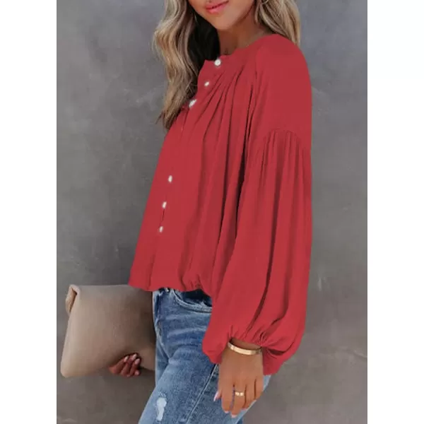 Dokotoo Womens V Neck Balloon Long Sleeve Shirts Button Down Shirt Blouses Tops