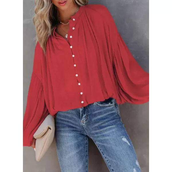 Dokotoo Womens V Neck Balloon Long Sleeve Shirts Button Down Shirt Blouses Tops