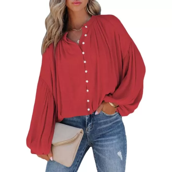 Dokotoo Womens V Neck Balloon Long Sleeve Shirts Button Down Shirt Blouses Tops