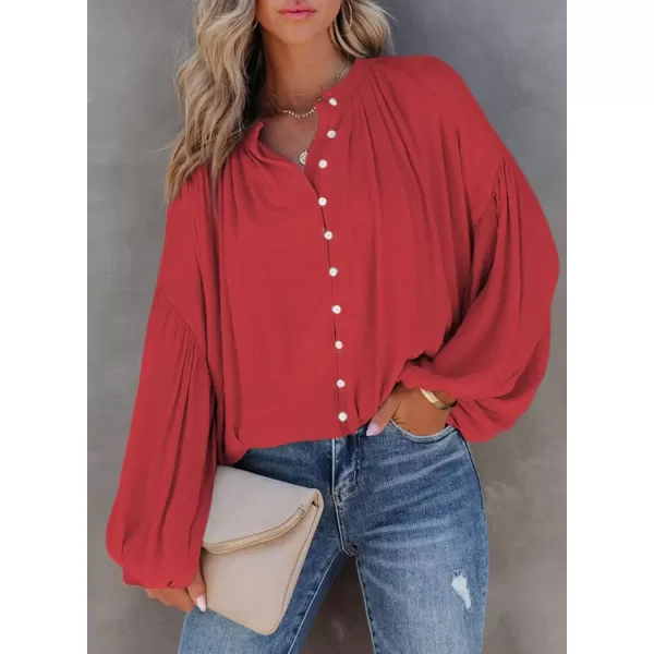 Dokotoo Womens V Neck Balloon Long Sleeve Shirts Button Down Shirt Blouses Tops