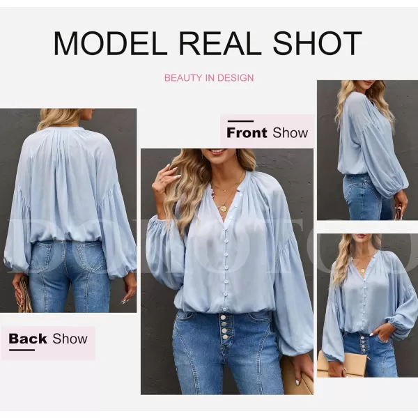 Dokotoo Womens V Neck Balloon Long Sleeve Shirts Button Down Shirt Blouses Tops