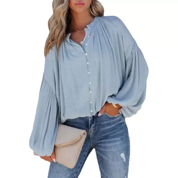 Dokotoo Womens V Neck Balloon Long Sleeve Shirts Button Down Shirt Blouses Tops