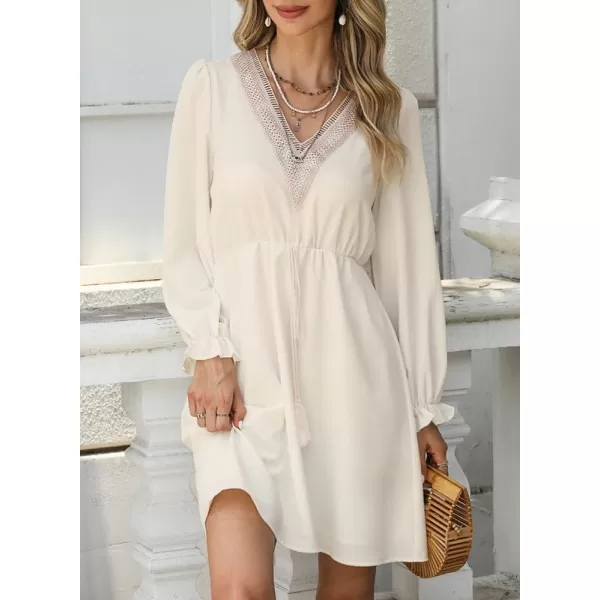 Dokotoo Womens V Neck Dresses Lantern Long Sleeve Lace Trim Midi Dress Tassel Belt Shirt Dress