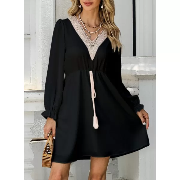 Dokotoo Womens V Neck Dresses Lantern Long Sleeve Lace Trim Midi Dress Tassel Belt Shirt Dress