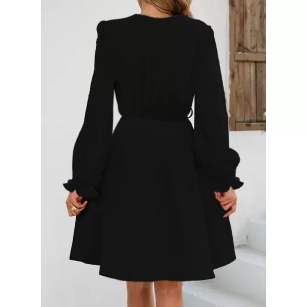 Dokotoo Womens V Neck Dresses Lantern Long Sleeve Lace Trim Midi Dress Tassel Belt Shirt Dress
