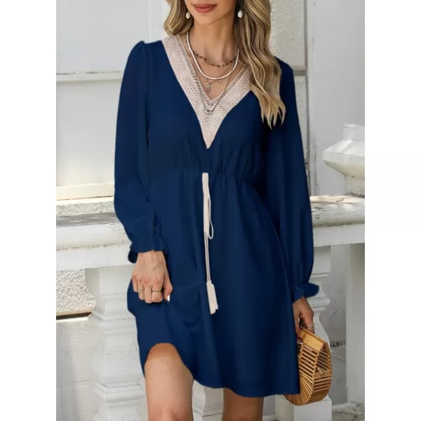 Dokotoo Womens V Neck Dresses Lantern Long Sleeve Lace Trim Midi Dress Tassel Belt Shirt Dress