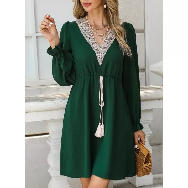 Dokotoo Womens V Neck Dresses Lantern Long Sleeve Lace Trim Midi Dress Tassel Belt Shirt Dress