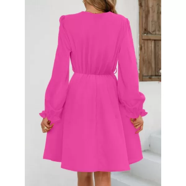 Dokotoo Womens V Neck Dresses Lantern Long Sleeve Lace Trim Midi Dress Tassel Belt Shirt Dress
