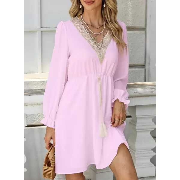 Dokotoo Womens V Neck Dresses Lantern Long Sleeve Lace Trim Midi Dress Tassel Belt Shirt Dress